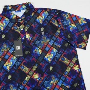 Hreski Mens XL Polo Shirt Stained Glass Mosaic Abstract Print Performance Golf